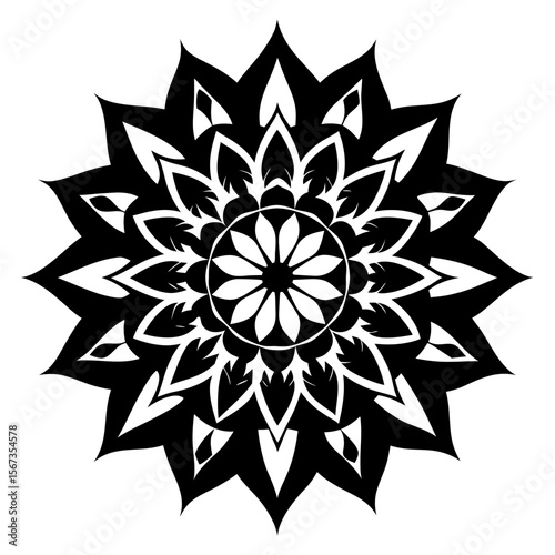 - A monochrome mandala with a complex arrangement of floral shapes and pointed tips, emphasizing sharp symmetry and elegance.