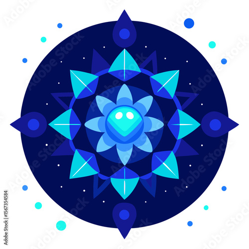 - A glowing, cosmic mandala with blue crystalline patterns, surrounded by sparkling particles, floating in a dark, starry void.