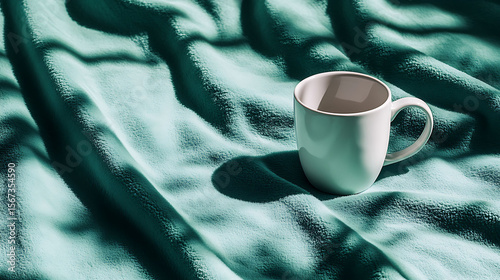Soft emerald green fleece background with cozy texture, with a minimalist white ceramic mug gently casting shadow