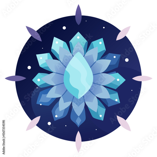 - A luminous, ethereal mandala with icy, translucent petals, appearing as a celestial bloom in a deep space setting.