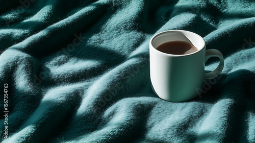 Soft emerald green fleece background with cozy texture, with a minimalist white ceramic mug gently casting shadow