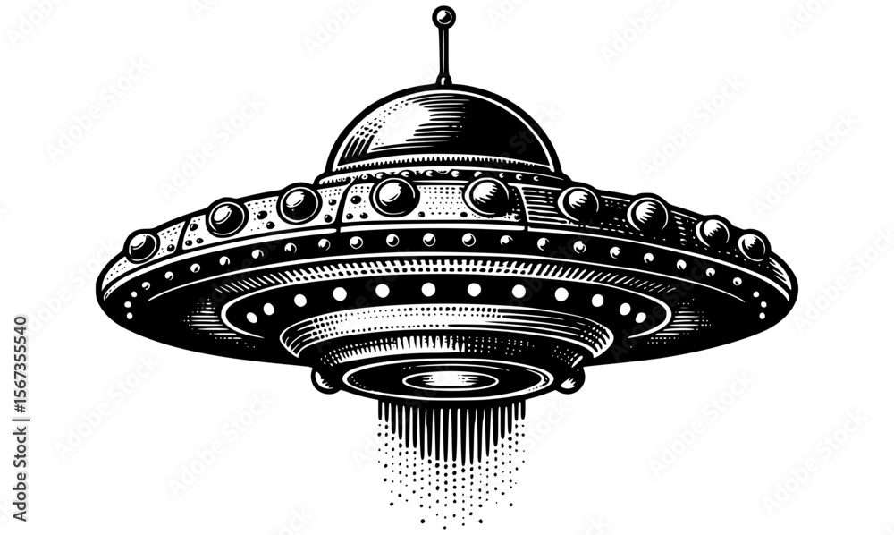 Vintage sci-fi style UFO with antenna and rivets