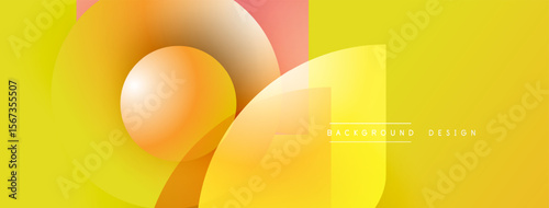 Abstract yellow background. Overlapping circles, squares create dynamic composition. Gradient colors add depth, visual interest. Modern design element.