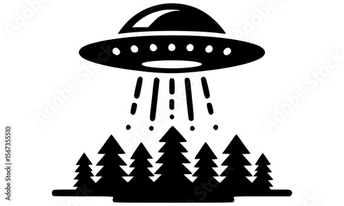Minimalist UFO hovering above a forest, simple black and white art