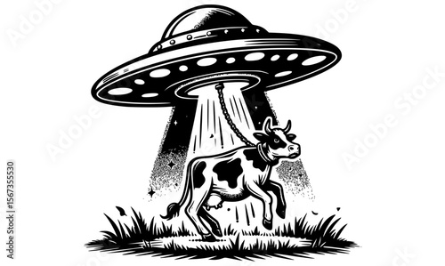 Monochrome illustration of a UFO abducting a cow with a tractor beam