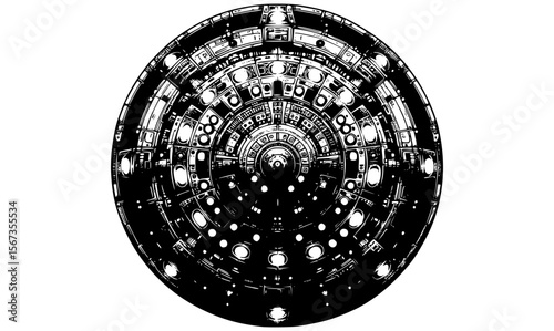 Top-down view of a round alien spaceship with lights and panels