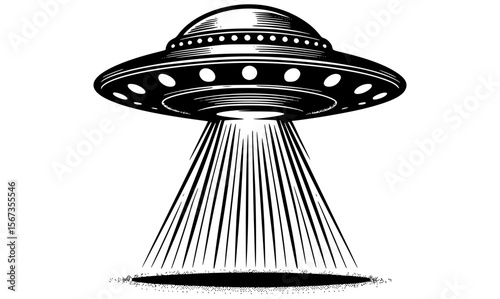 Black and white line art of a classic flying saucer hovering with a beam of light shining downward