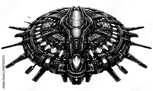 Detailed black and white drawing of a futuristic alien spaceship