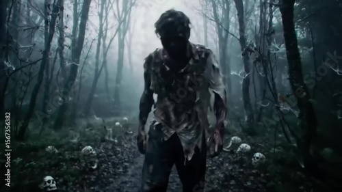 A zombie emerges from a foggy forest path littered with skulls, creating a chilling horror scene
