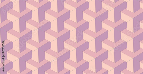 Repeating pattern of interlocking, three-dimensional geometric shapes in shades of pink and beige.