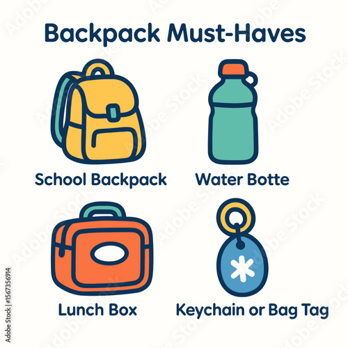 Backpack essentials for school, including a backpack, water bottle, lunch box, and keychain.