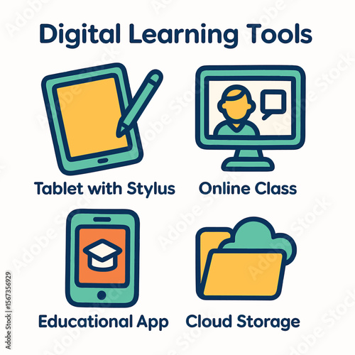Digital learning tools infographic illustrating tablet, stylus, online class, educational app, and cloud storage.