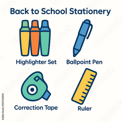 Illustration of various back-to-school stationery items, including a highlighter set, pen, correction tape, and a ruler.