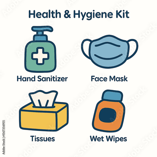 Illustration of health and hygiene essentials: hand sanitizer, face mask, tissues, and wet wipes.