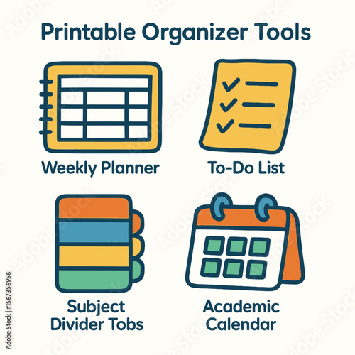 Illustrations of printable organizer tools including a planner, to-do list, tabs, and calendar.