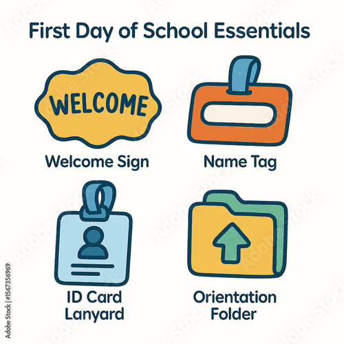 Illustrated graphic depicting school essentials, including a welcome sign, name tag, ID card, and folder.