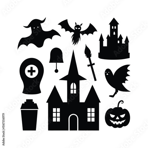 halloween silhouette design elements set for spooky creations