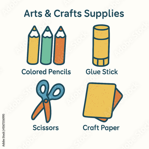Essential arts and crafts supplies: colored pencils, glue stick, scissors, and craft paper.