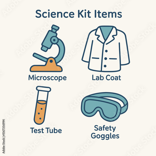 Illustration of science kit items including a microscope, lab coat, test tube, and safety goggles.
