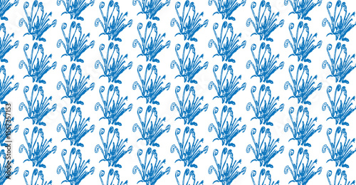Repeating pattern of stylized blue floral elements on a white background.