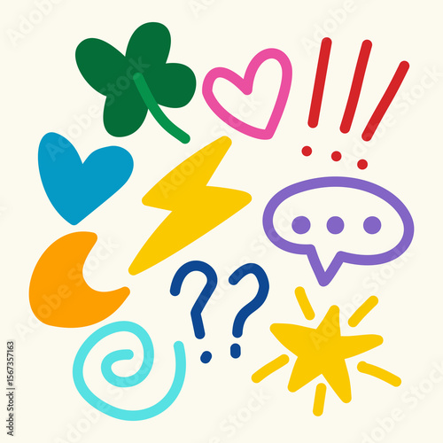 hand-drawn symbols including hearts, stars, and punctuation