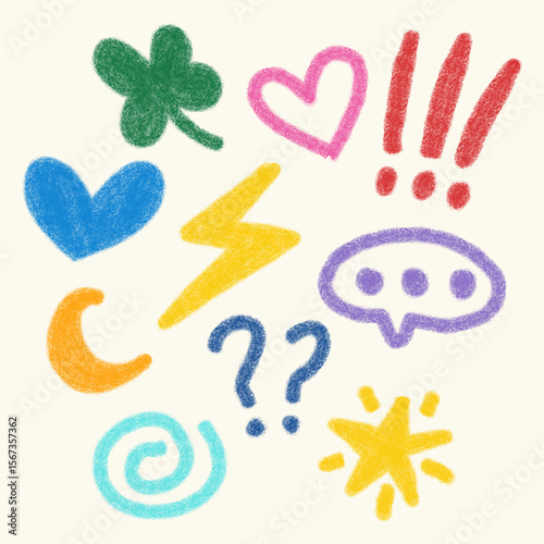 hand-drawn symbols including hearts, stars, and punctuation