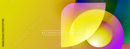 Bright yellow background features overlapping translucent shapes. Pink, blue, green hues blend creating dynamic visual effect. Modern design.