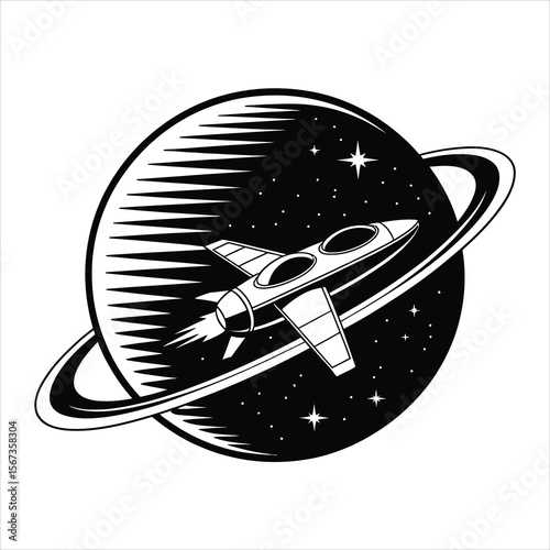 Vintage Space Rocket Ship Orbiting a Planet with Rings Retro Futuristic Space Exploration Vector Illustration