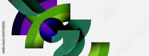 Abstract shapes overlap, creating dynamic composition. Green, purple hues dominate design. Smooth gradients suggest movement, depth.
