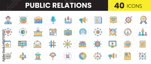 Public Relations Color Icon Set – Modern PR, Media & Communication Vectors