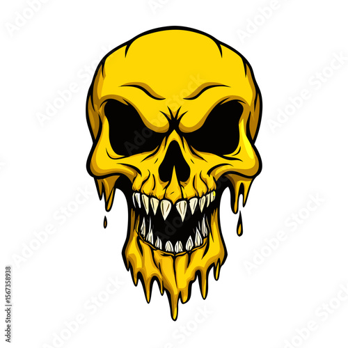 Melting Yellow Skull with Sharp Teeth | Horror Dripping Skull Illustration for Tattoo, Halloween, Punk, Gothic, or Graphic Art Design

