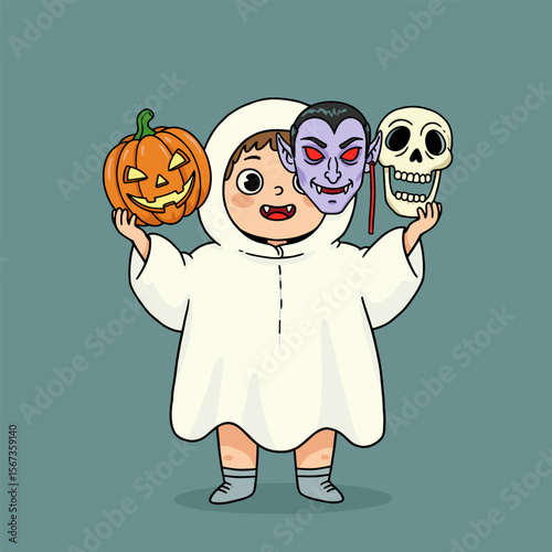 Child in a white ghost costume with pointed ears and fangs, holding a carved pumpkin and a skull in each hand, standing cheerfully against a teal background.