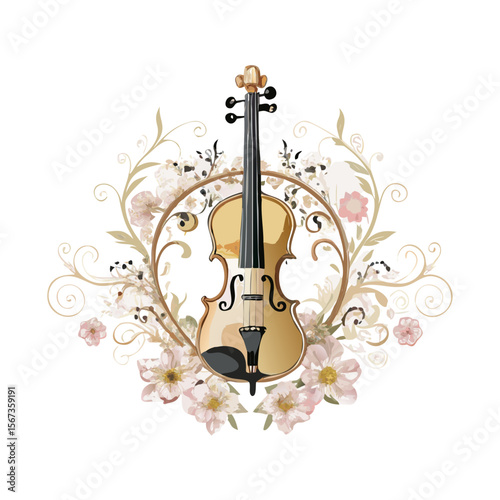 Elegant Violin Illustration with Floral Ornaments | Vintage String Instrument Art Design | Classical Music Decor Vector for Print and Posters