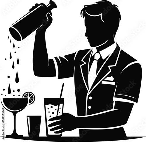 Black silhouette of a bartender mixing drink on white background 