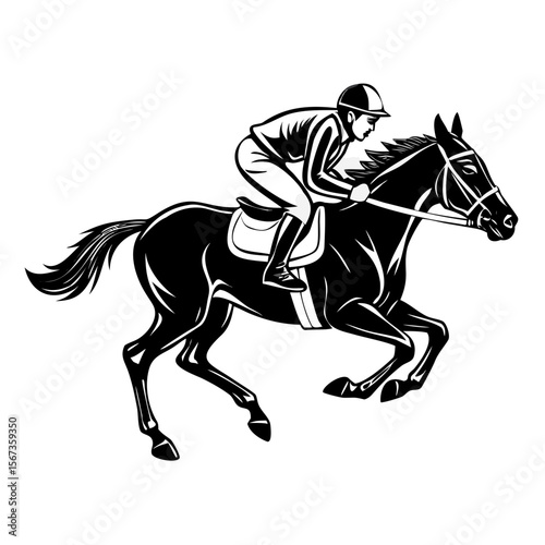 Dynamic Horse Racing Illustration | Jockey Riding Thoroughbred Horse in Action | Black and White Equestrian Vector for Sports and Print Design

