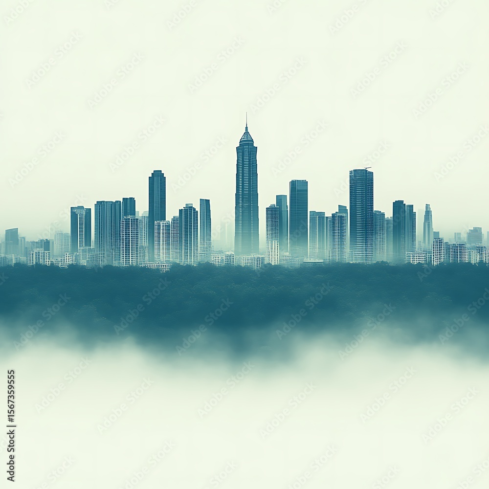 Naklejka premium City skyline shrouded in mist.