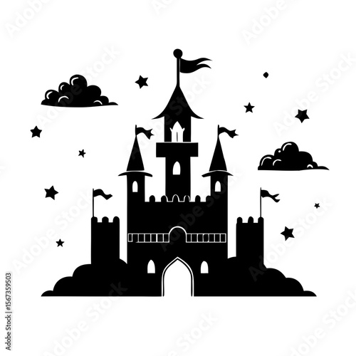 Fairy Tale Castle Silhouette Vector | Fantasy Fortress Clipart with Stars and Clouds for Magical Storybooks and Kids Designs

