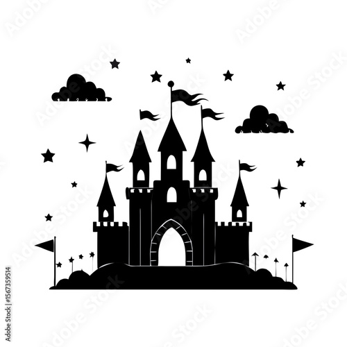 Fairy Tale Castle Silhouette Vector | Fantasy Fortress Clipart with Stars and Clouds for Magical Storybooks and Kids Designs

