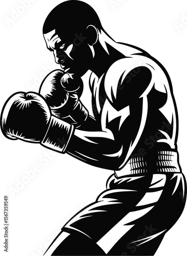 Black silhouette of a boxer punching on white background 