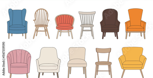 Illustration of various chairs for interior design and furniture design inspiration for home decor ideas