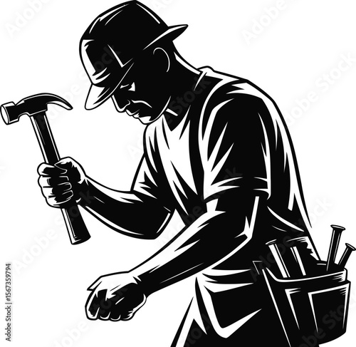 Black silhouette of a carpenter using hammer on white background