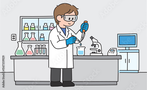 Scientist Character Working in Laboratory with Equipment and Chemicals
