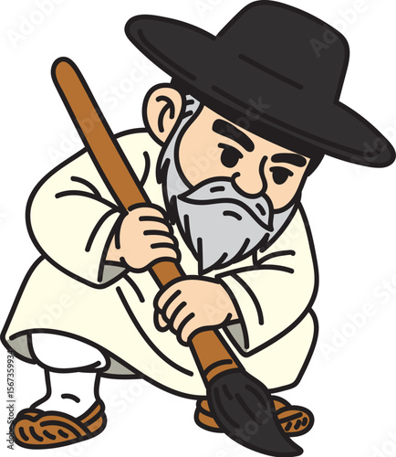 Traditional Jewish Rabbi Character with Black Hat and Walking Stick