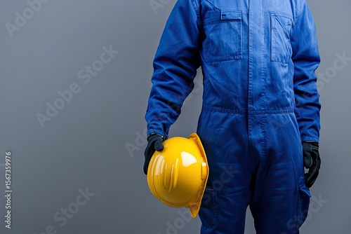 Worker Standing in Blue Coverall Holding Yellow Hardhat Isolated on Gray Background