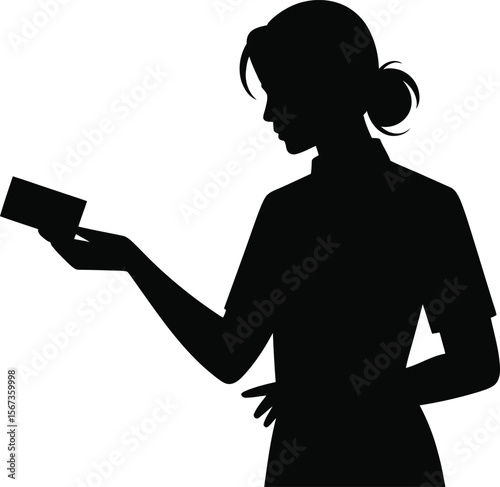 Black silhouette of a cashier at counter on white background