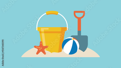 Beach summer vacation holiday sand toys bucket spade starfish ball illustration vector graphic design