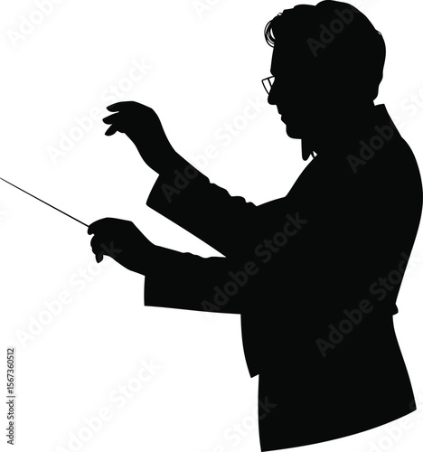 Black silhouette of a conductor leading orchestra on white background