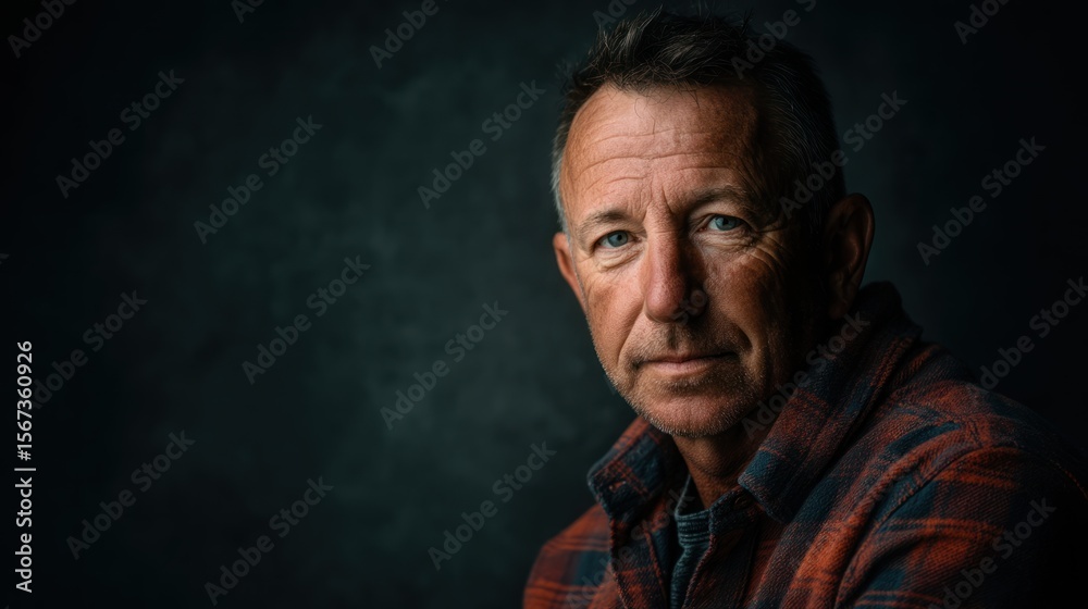 Fototapeta premium man standing effortlessly, his expression carrying quiet strength and warmth.