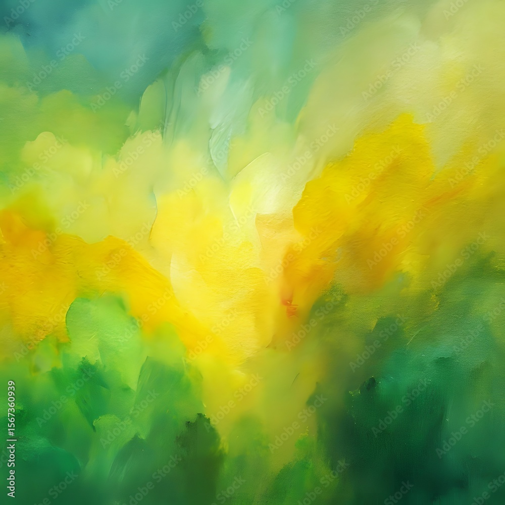 Fototapeta premium Abstract Green and Yellow Oil Painting: Vibrant, Textured, Serene Landscape