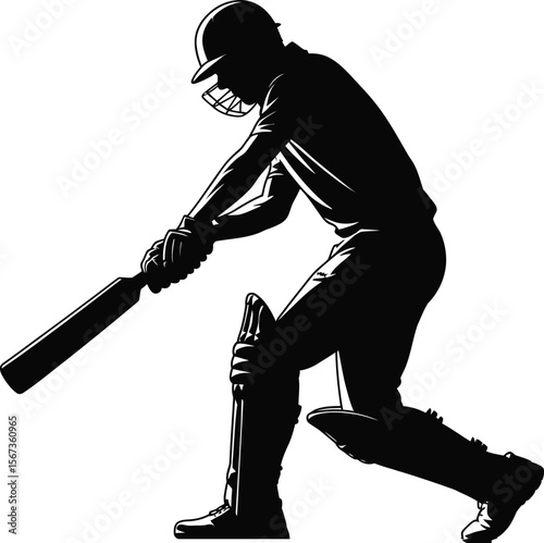Black silhouette of a cricketer hitting ball on white background
